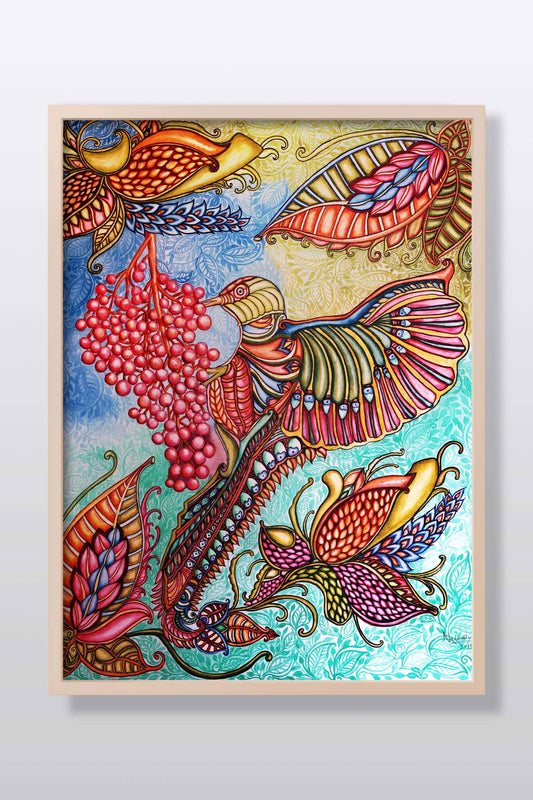 Bird With Flowers Acrylic Painting on Stretched Canvas - Image 1