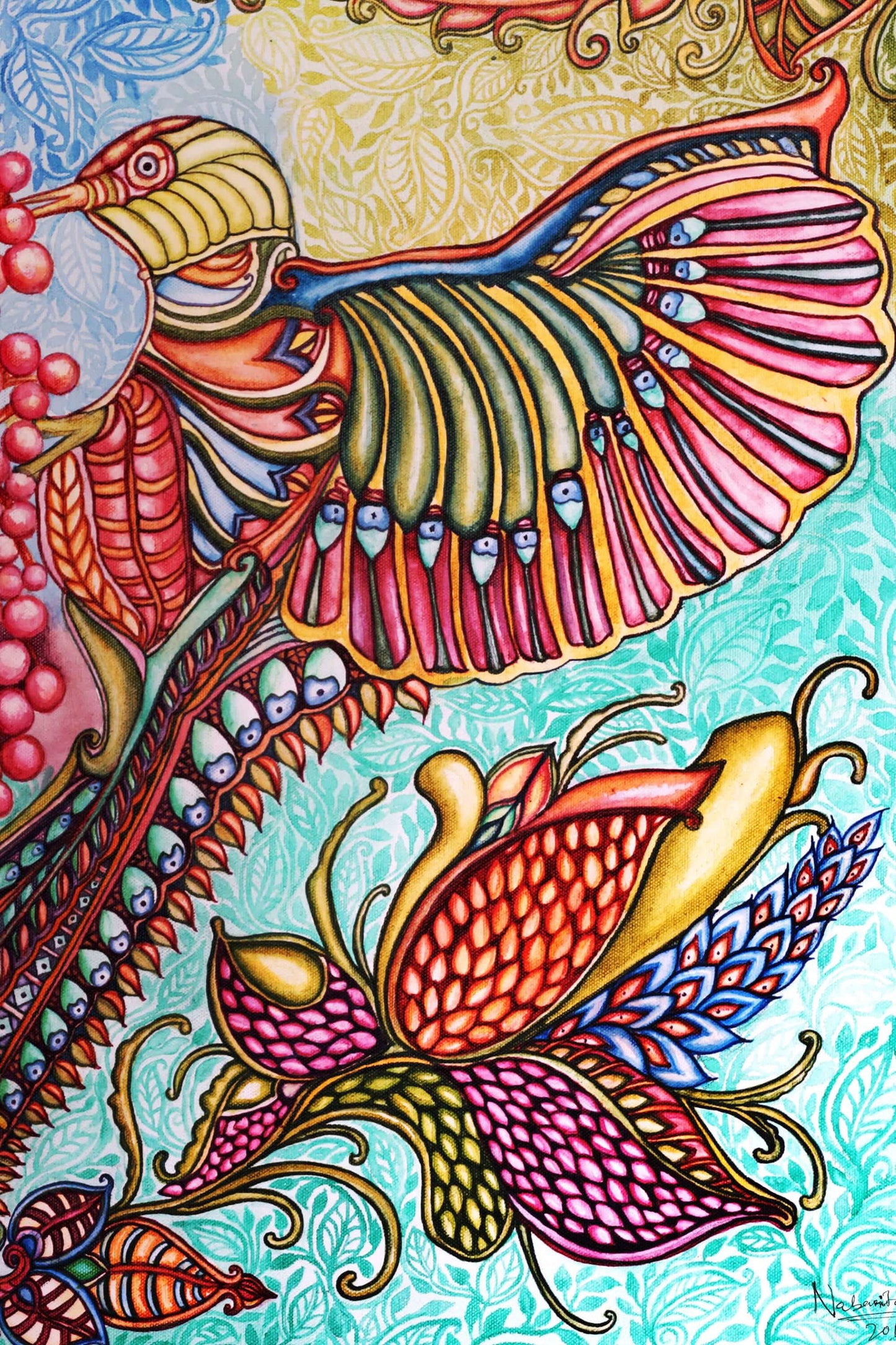 Bird With Flowers Acrylic Painting on Stretched Canvas - Image 4