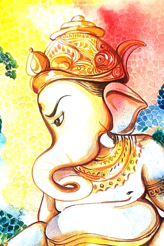 Ganesh's Grace: Vibrant Watercolor of the Elephant God on a Peacock - Image 2