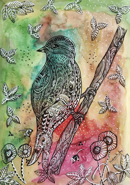 Traditional Bird Watercolor Painting on Handmade Paper