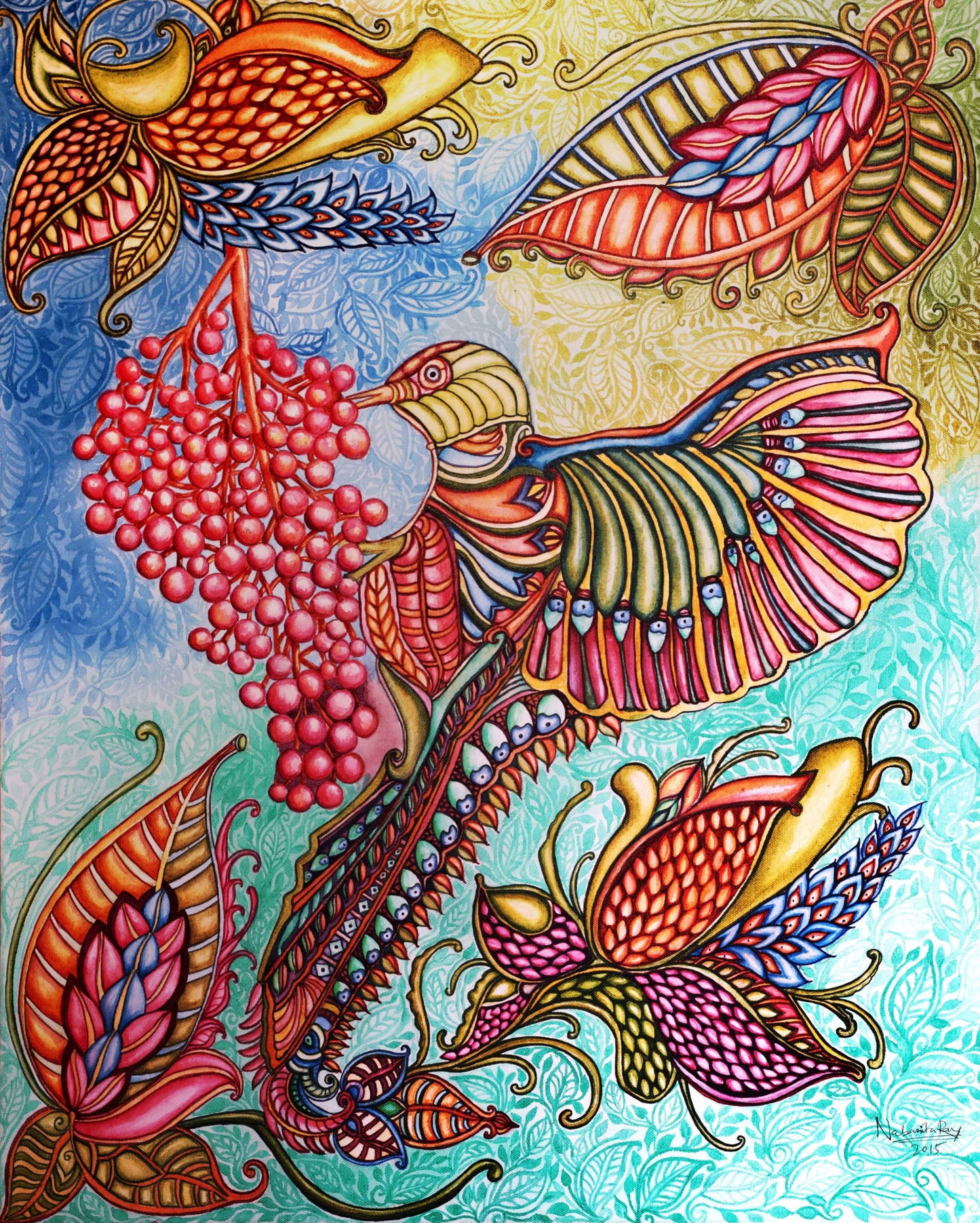 Bird With Flowers Acrylic Painting on Stretched Canvas - Image 2