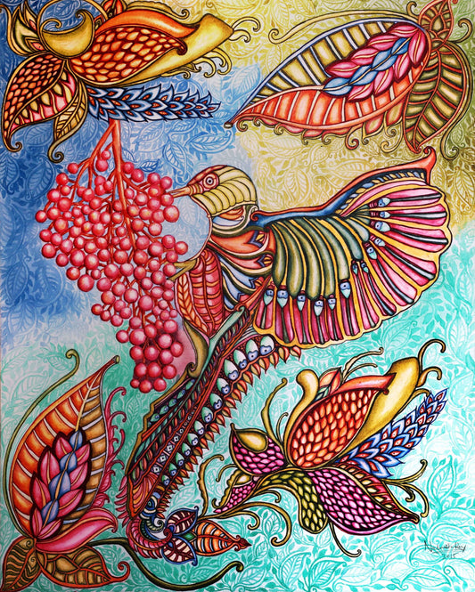 Bird With Flowers Acrylic Painting on Stretched Canvas - Image 2