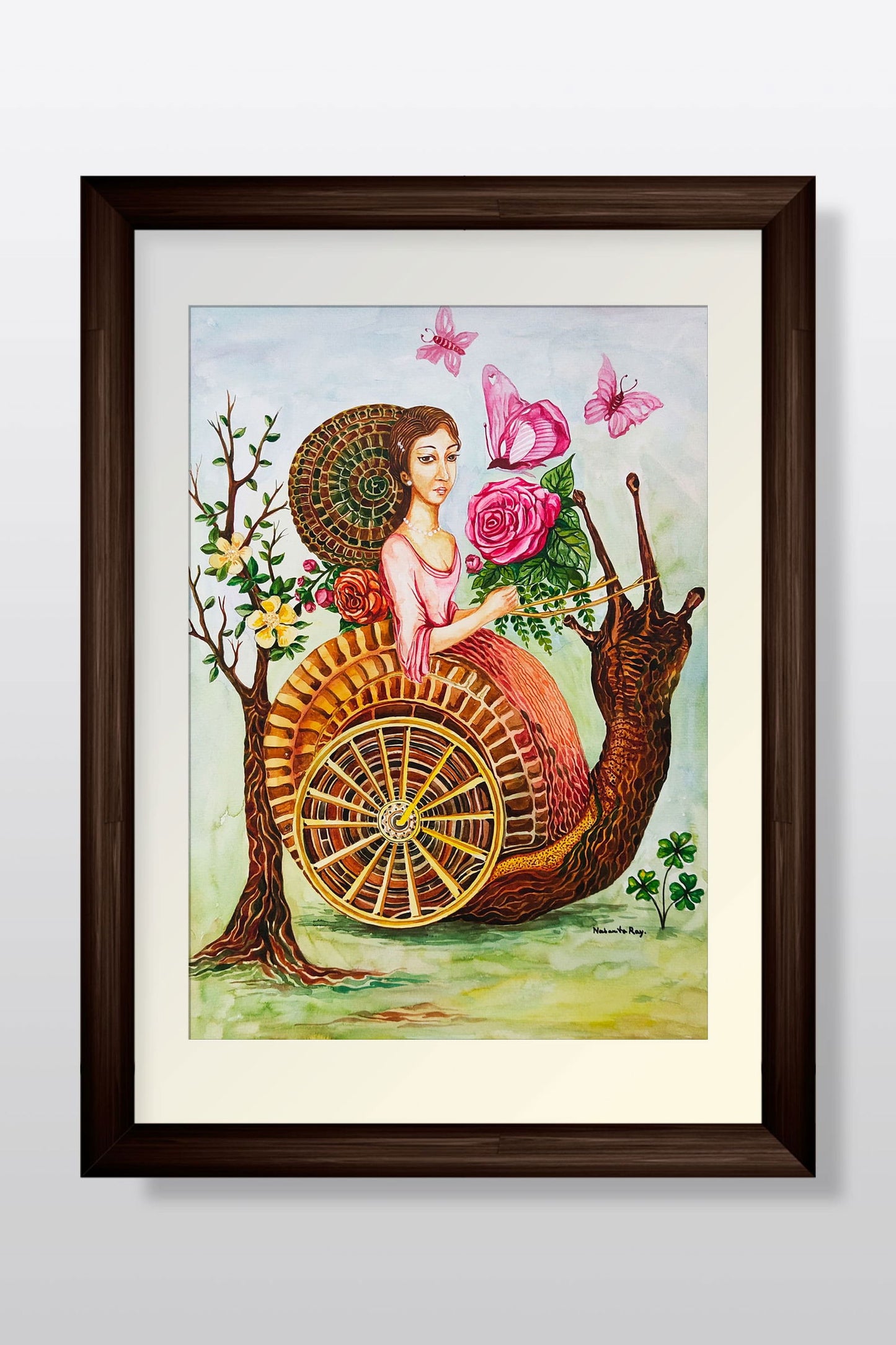 Enchanted Majesty: A Unique Watercolor of a Queen and Her Snail - Image 1