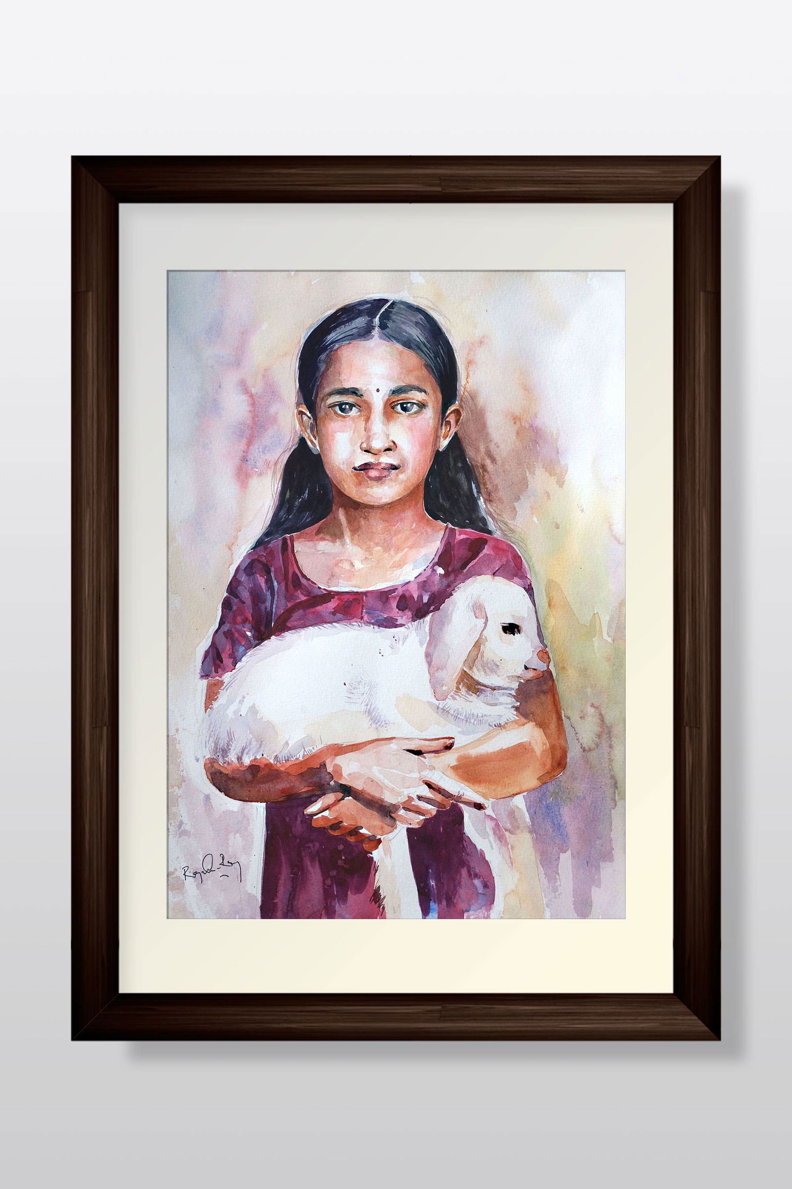 Innocent Girl with Baby Goat Watercolor Painting on Handmade Paper 12x17