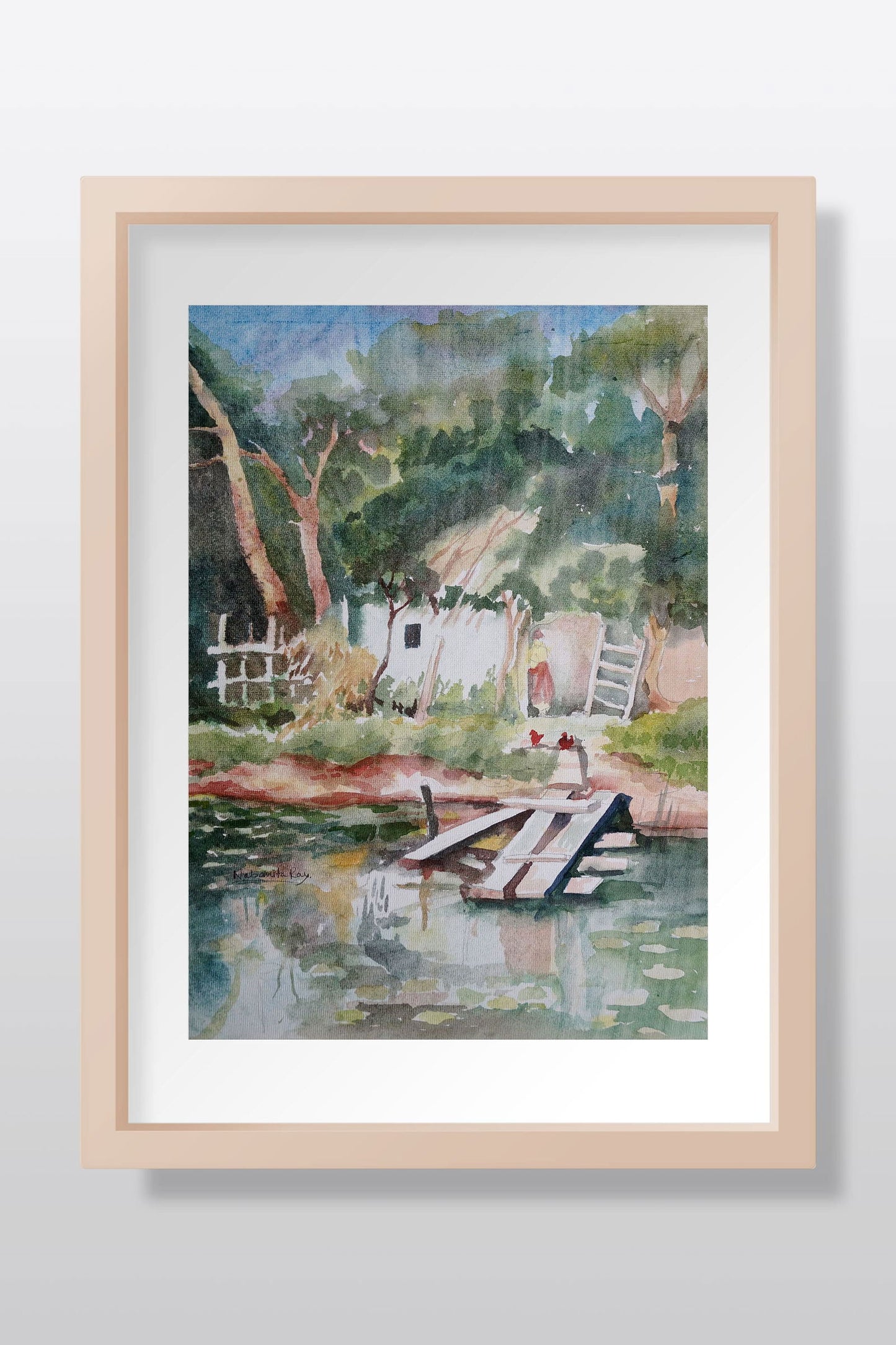 Village Pond Watercolor Painting - Image 1