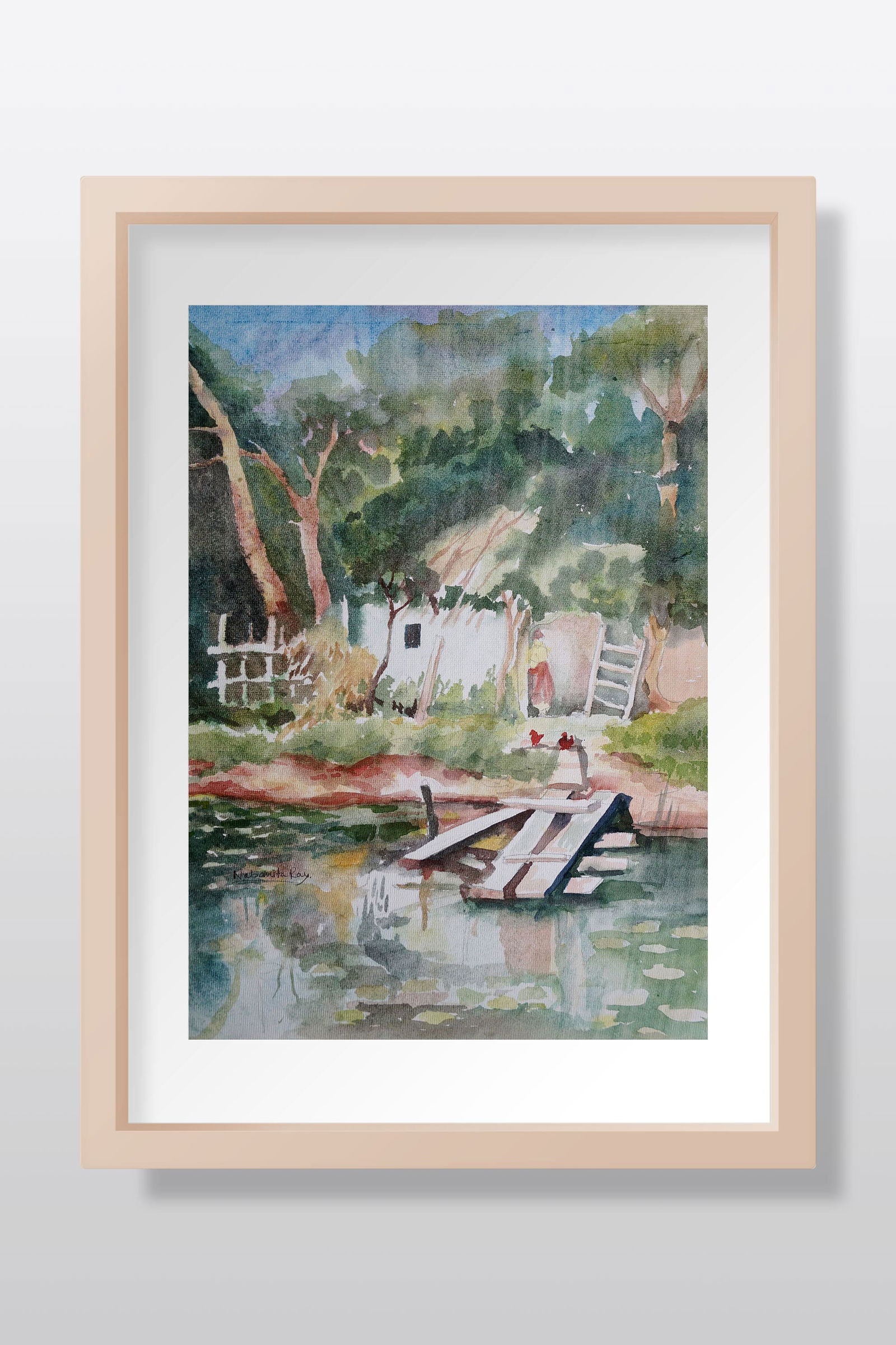 Village Pond Watercolor Painting - Image 1