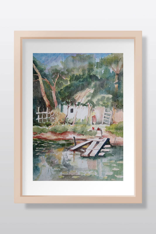 Village Pond Watercolor Painting - Image 1