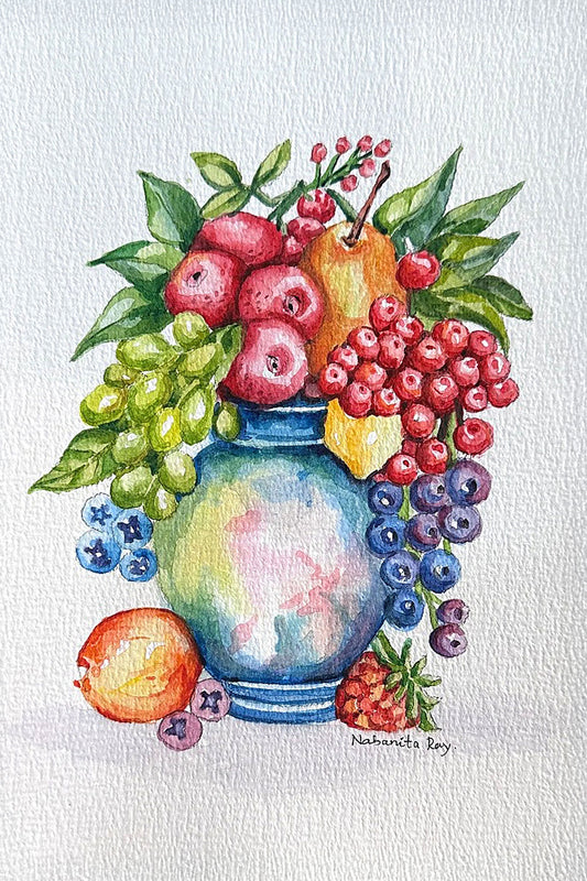 Fruit Vase Watercolor Art | Handmade A5 Painting for Home Decor