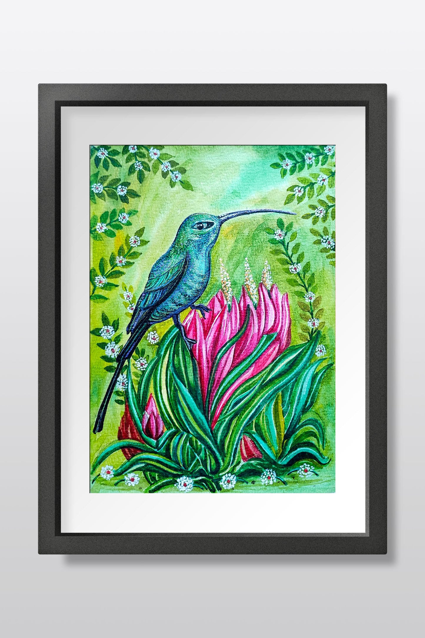 Emerald Hummingbird on Pink Blossoms – Original Watercolor Painting on A5 Handmade Paper