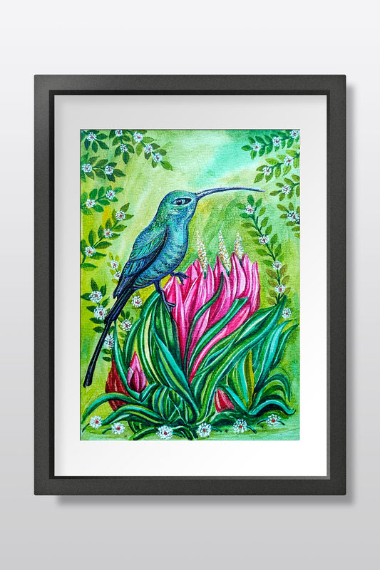 Emerald Hummingbird on Pink Blossoms – Original Watercolor Painting on A5 Handmade Paper