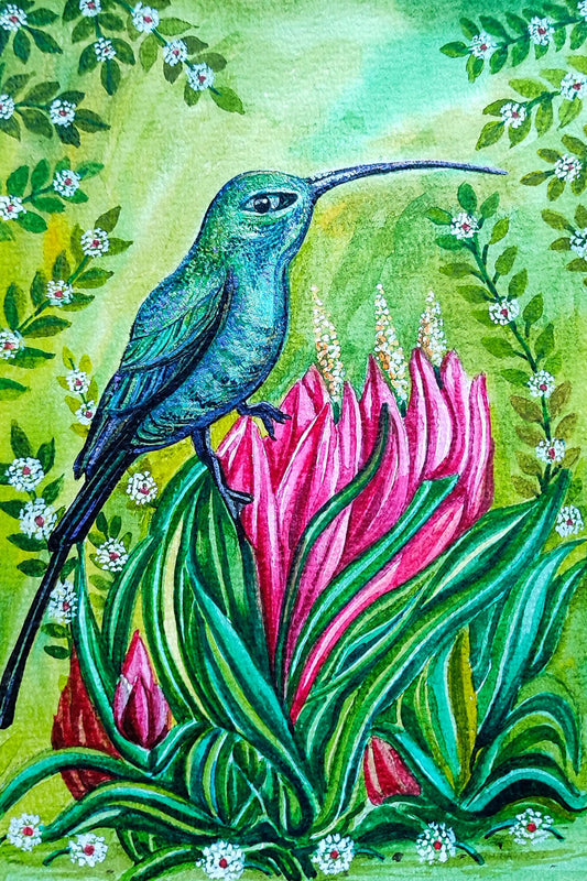 Emerald Hummingbird on Pink Blossoms – Original Watercolor Painting on A5 Handmade Paper