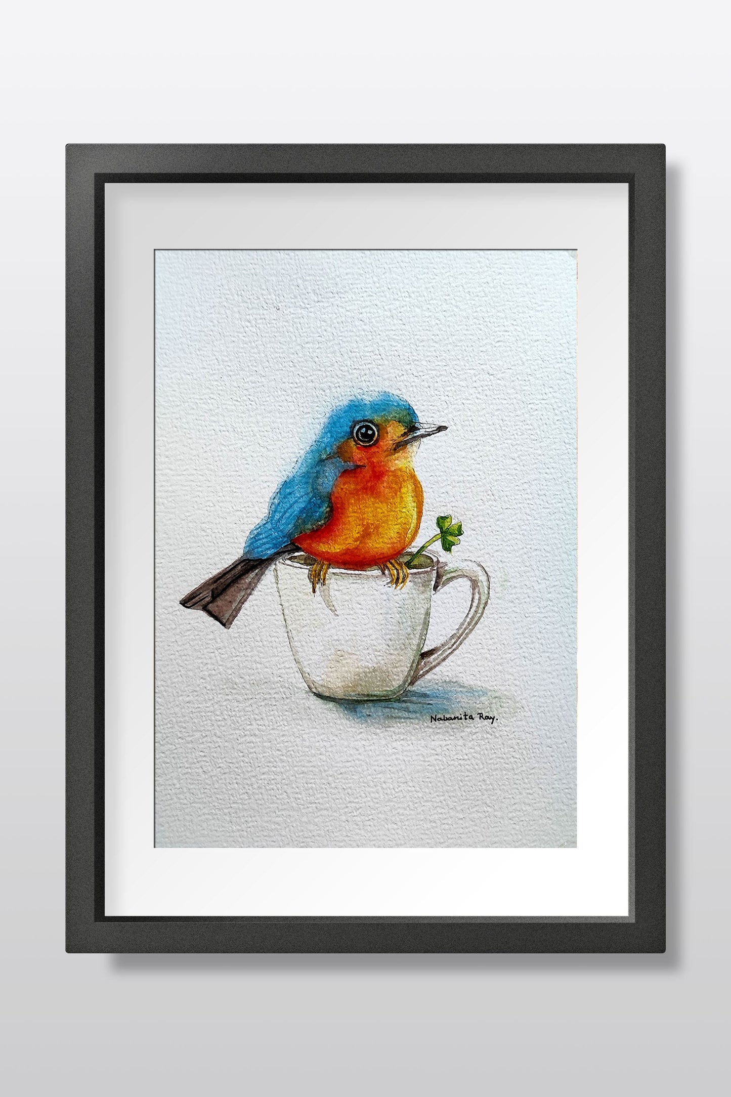 Bluebird on a Teacup – Original Watercolor Painting on A5 Handmade Paper