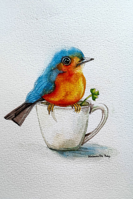 Bluebird on a Teacup – Original Watercolor Painting on A5 Handmade Paper