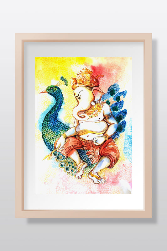 Ganesh's Grace: Vibrant Watercolor of the Elephant God on a Peacock