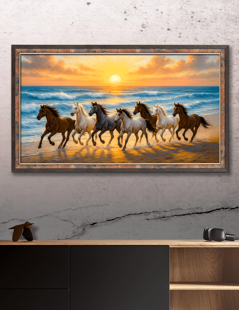 7 Horses with Rising Sun – Digital Vastu Artwork for Prosperity & Success (24x48inc) - Image 1