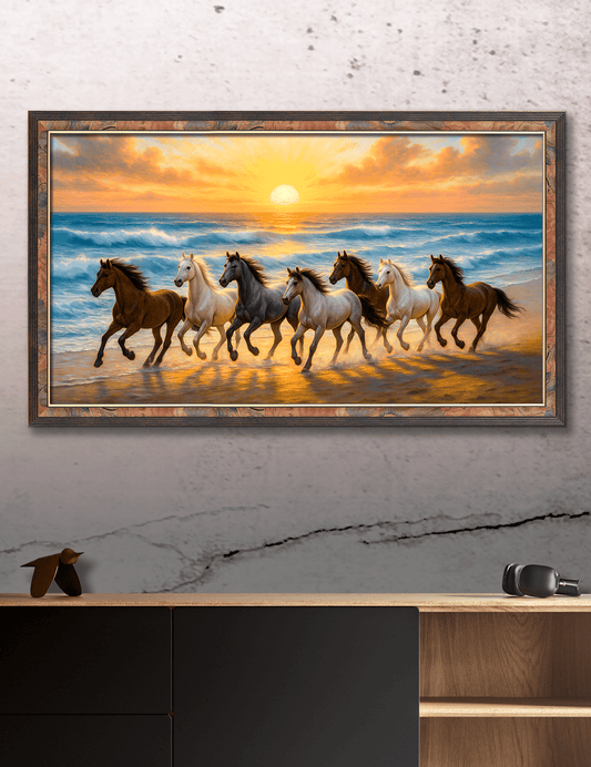 7 Horses with Rising Sun – Digital Vastu Artwork for Prosperity & Success (24x48inc) - Image 1