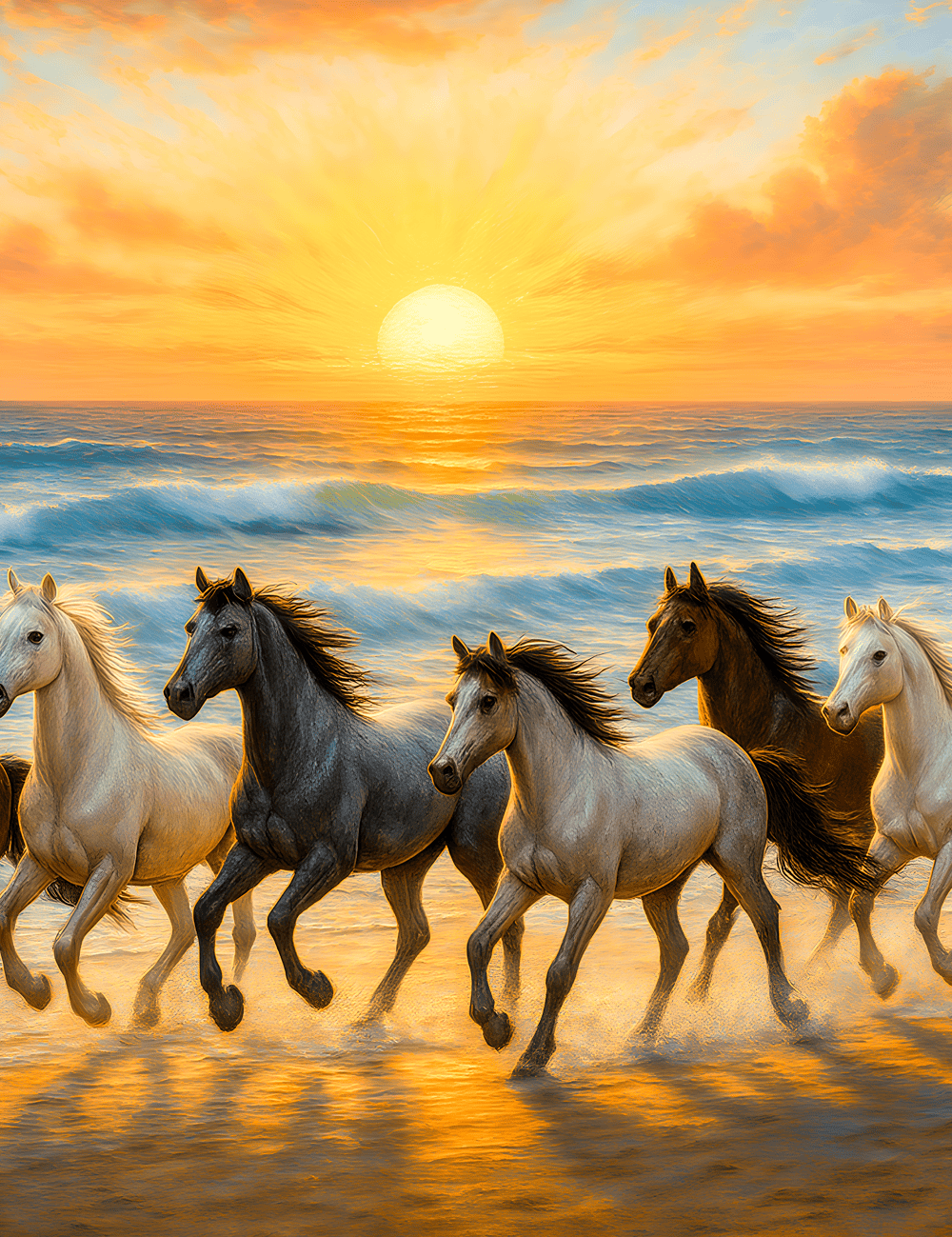 7 Horses with Rising Sun – Digital Vastu Artwork for Prosperity & Success (24x48inc) - Image 2