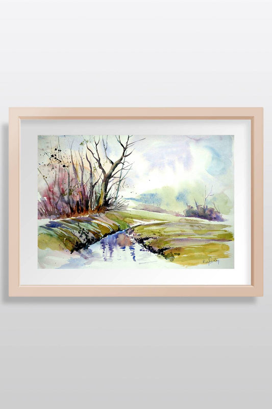 Lakeside Landscape Watercolor Painting