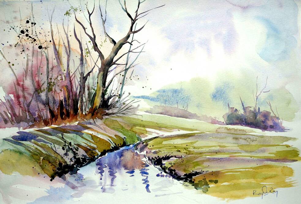 Lakeside Landscape Watercolor Painting