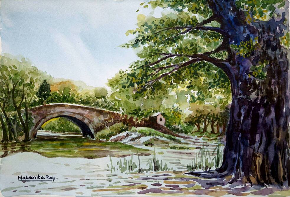 Bridge to Village Watercolor Painting