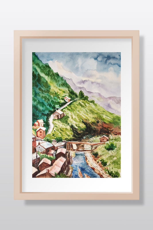 Original Indian watercolor landscape painting with lush meadows, trees, and a tranquil river, framed and displayed.