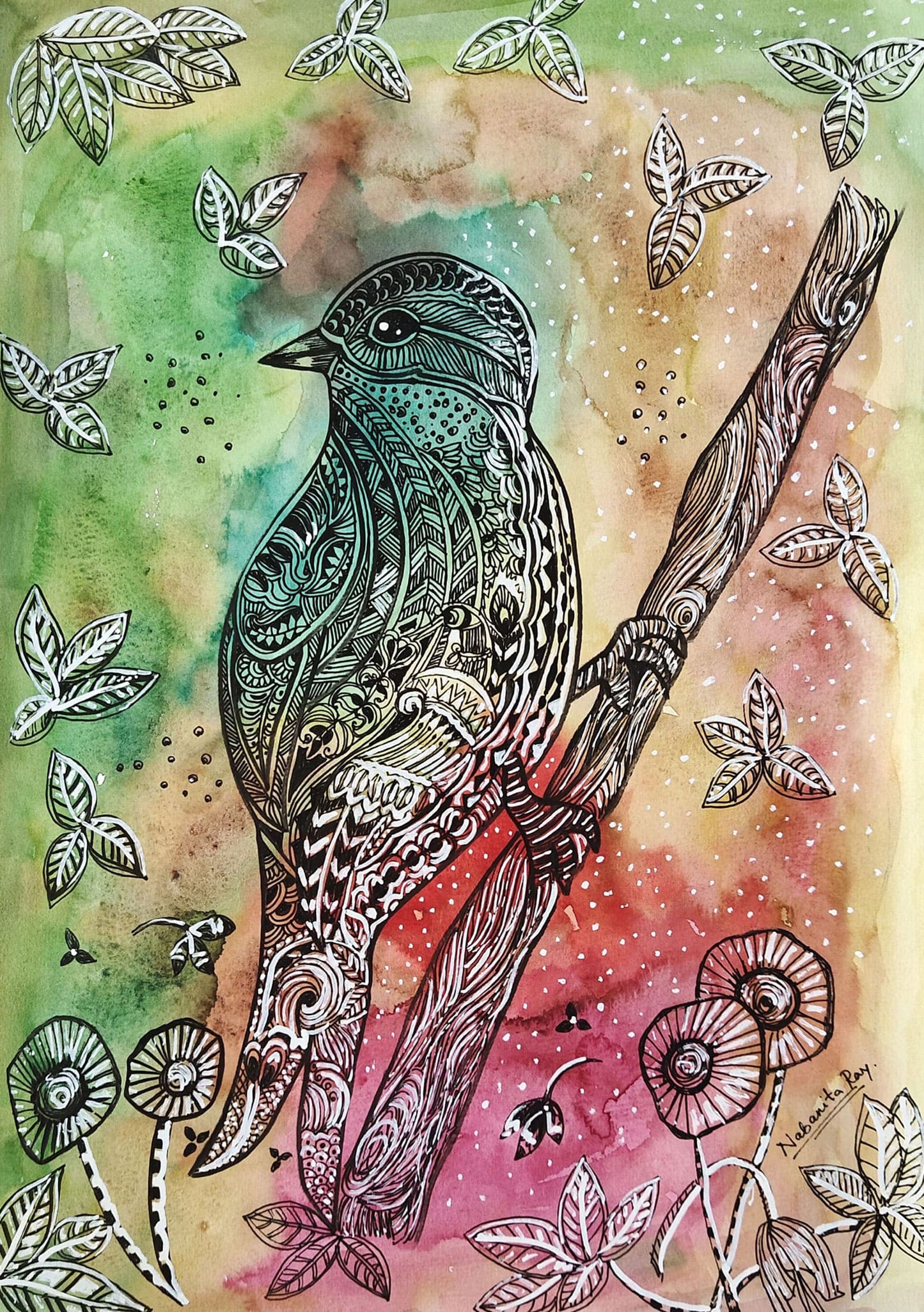 Traditional Bird Watercolor Painting on Handmade Paper