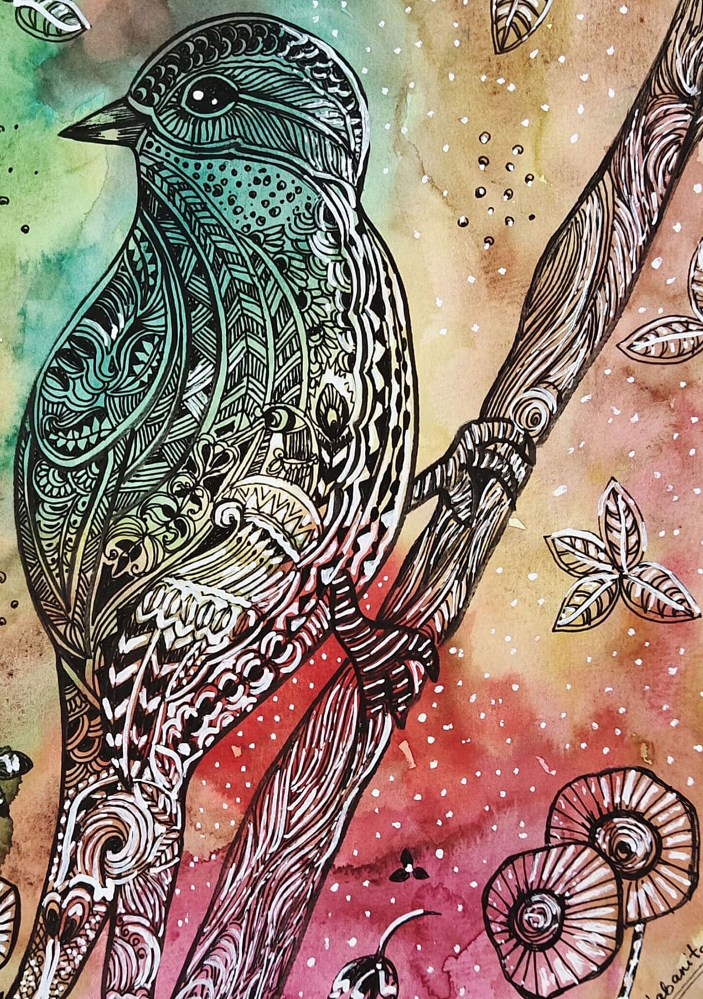 Traditional Bird Watercolor Painting on Handmade Paper