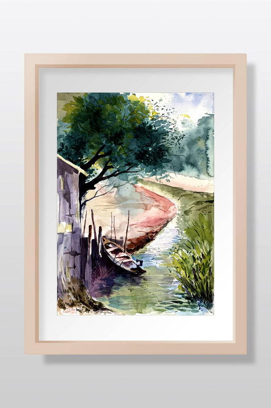 Riverside Landscape Watercolor Painting - Image 1