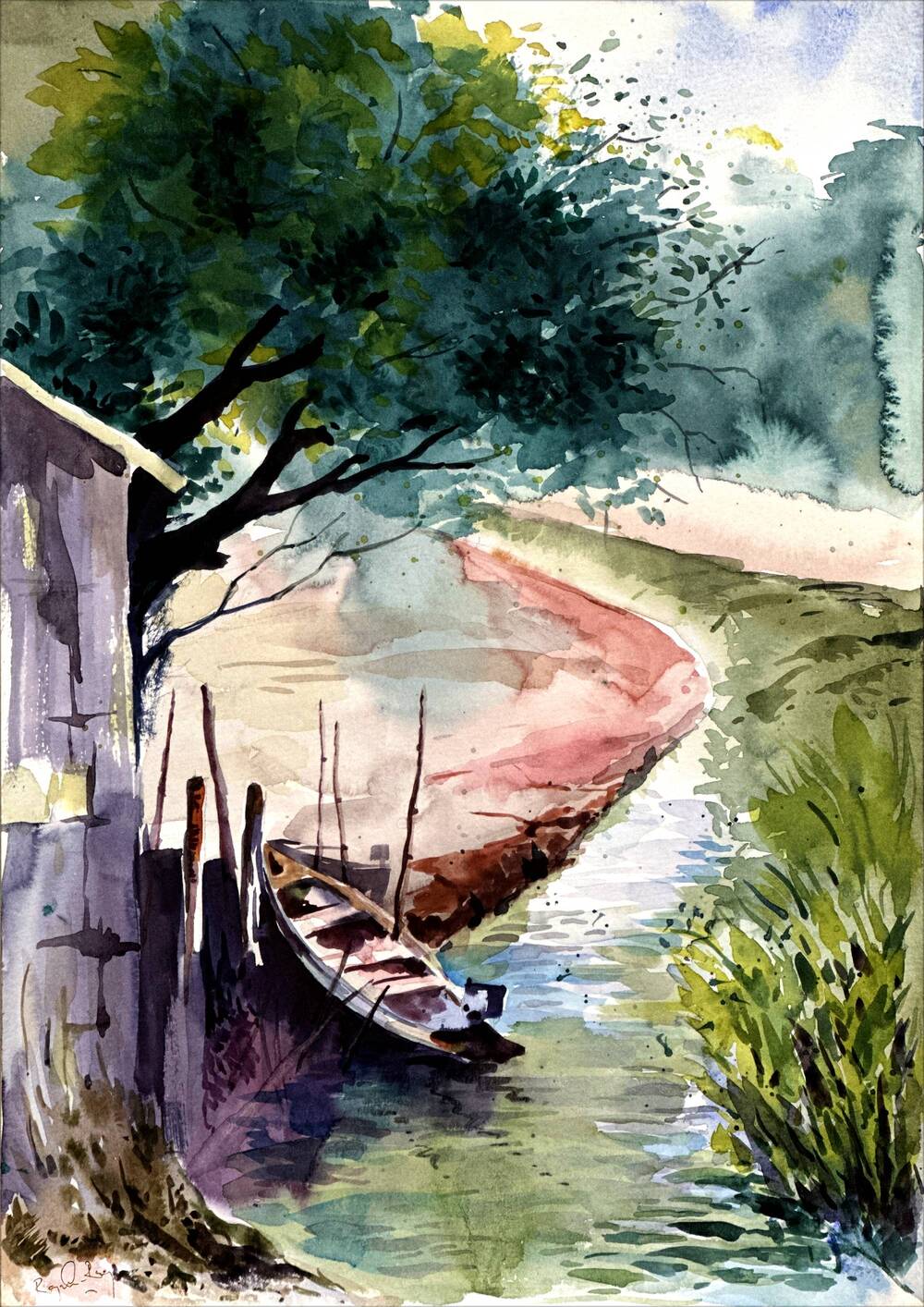 Riverside Landscape Watercolor Painting - Image 2